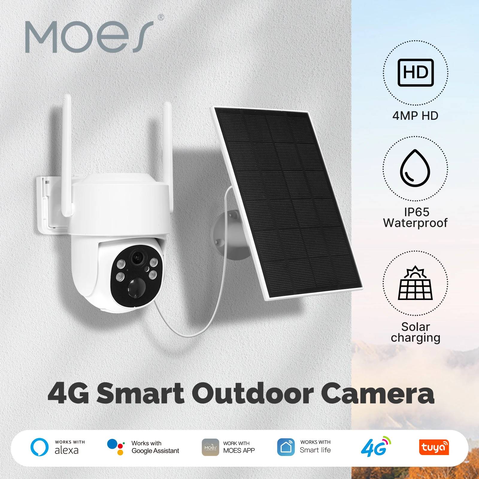 MOES Tuya 4G 4MP Surveillance Smart Security Camera Solar Charging IP65 Waterproof Human Tracking Full Color Night Vision