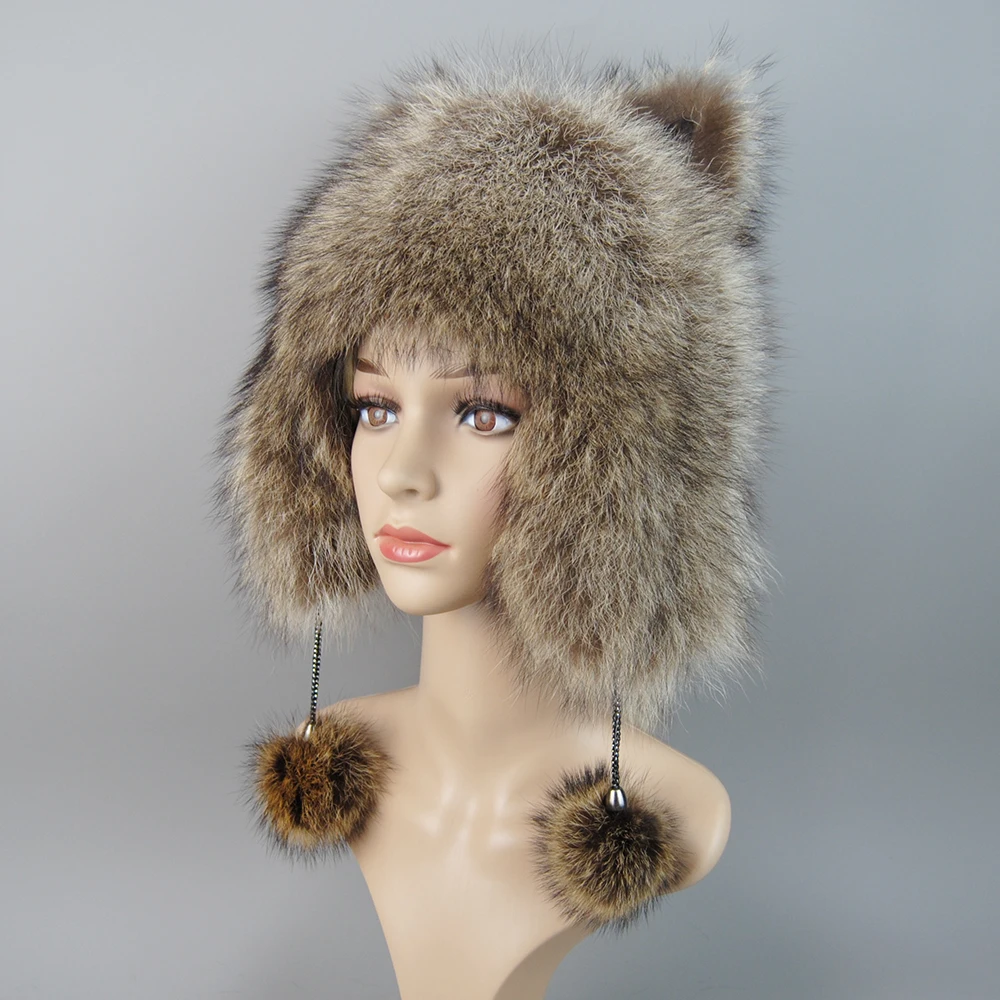 Women Natural Raccoon Fur Caps Ushanka Hats for Winter Thick Warm Ears Fashion Bomber Pom Pom Hat Lady Real Raccoon Fur Cap Tail