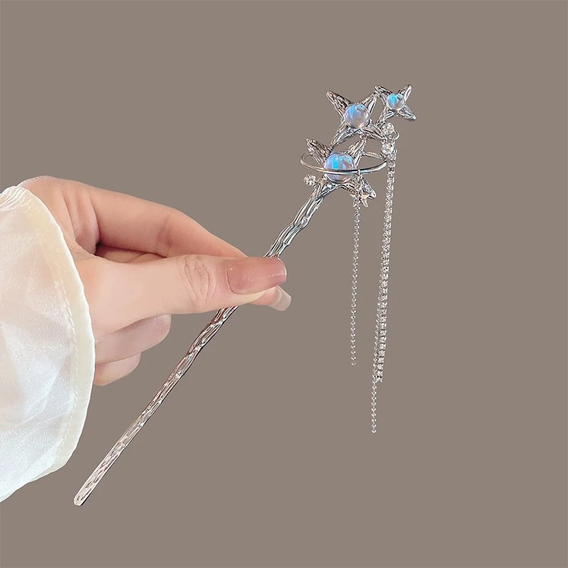 Vintage Moonstone Hair Sticks for Women Retro Chinese Tasssel Hairpin Disk Hairsticks Hair Chopsticks Hair Accessories