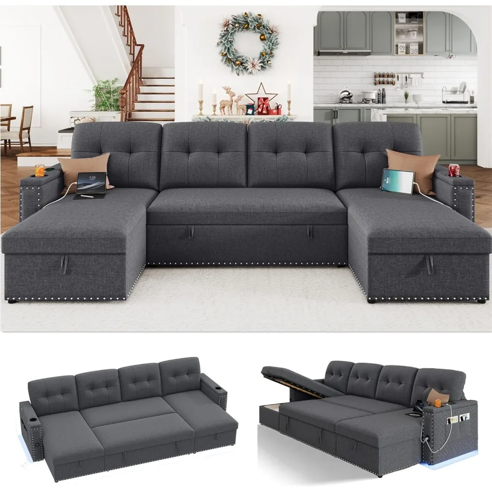 

106 Sectional Couches for Living Room- Pull Out Sleeper Sofa Couch w/Storage Chaise,Storage Armrest,LED Light&USB Port&Cup