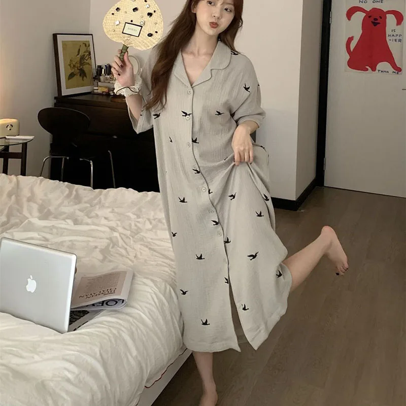 Bird Print Omen Nightgown Summer Korean Sleepwear Ruffles Night Dress Turn Down Collar One Piece Pajamas Short Sleeve Home Wears