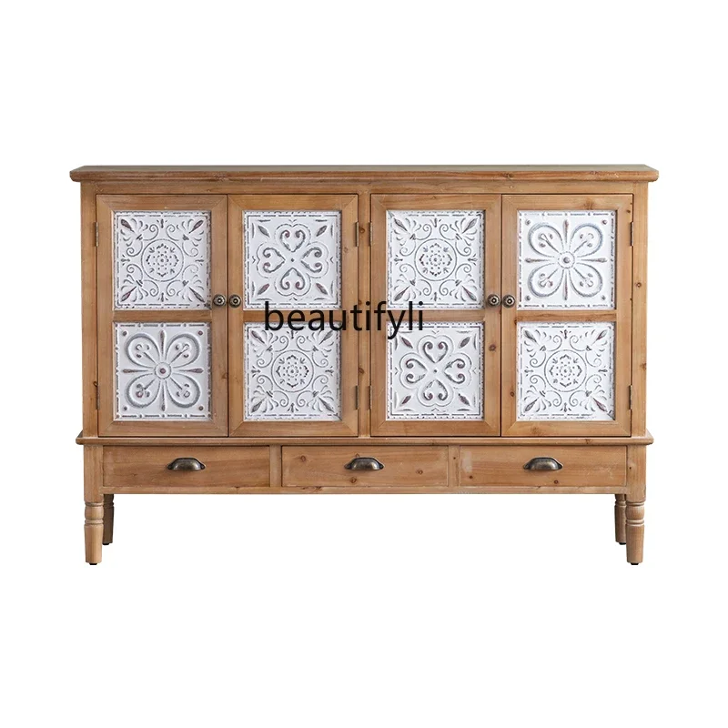 

American Retro Style Solid Wood Distressed Entrance Living Room Wall Storage Storage Wood Color Sideboard Cabinet