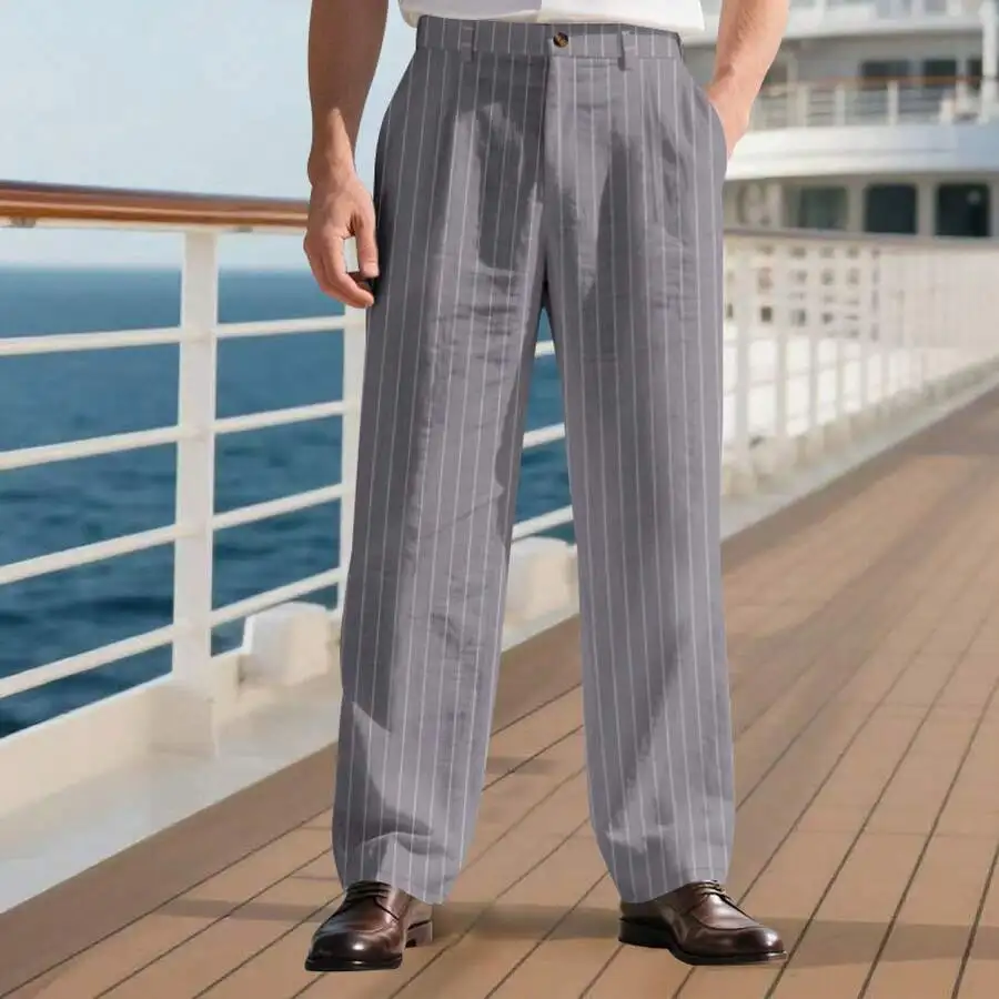Mens Loose Fit Breathable Linen Straight Leg Vertical Stripe Casual Trousers