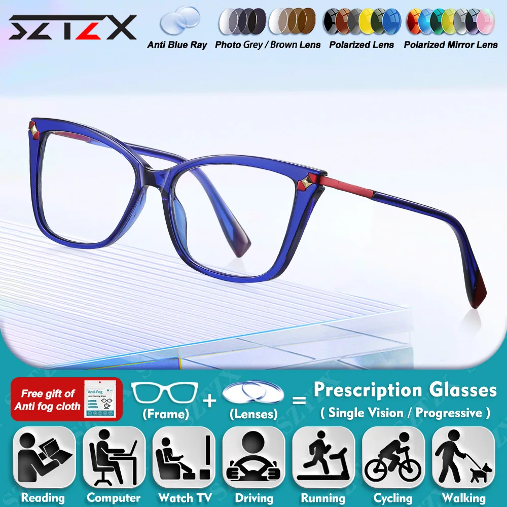 

SZTZX Minimalist Rectangle Myopia Hyperopia Computer Glasses Anti Blue Light Progressive Prescription Photochromic Eyeware Women
