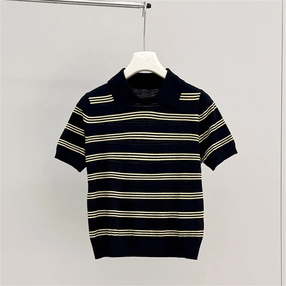Women's Clothing Summer Striped Polo Knitwear Lightweight Breathable Versatile Top