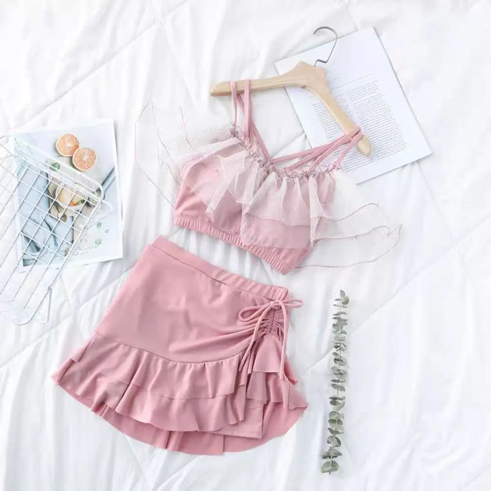 

Ins Slim Fit A-line Skirt Swimsuit Off Shoulder Beachwear Lace Ruffled Bathing Suit Puff Ruffle Two Pieces Set Swimwear Vacation