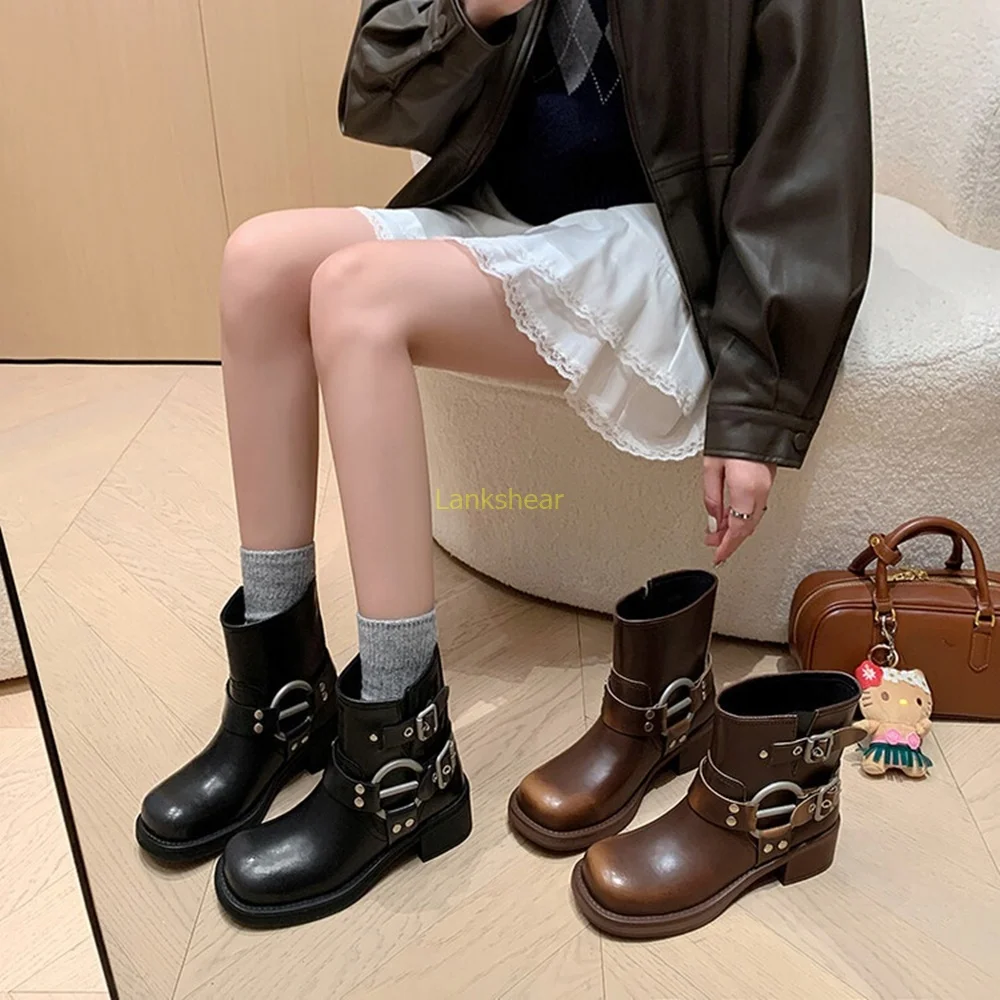 

Rivet Belt Buckle Metal Decoration Ankle Boots Sexy Round Toe Square Heel New Arrivals Fashion Women Riding Bootst