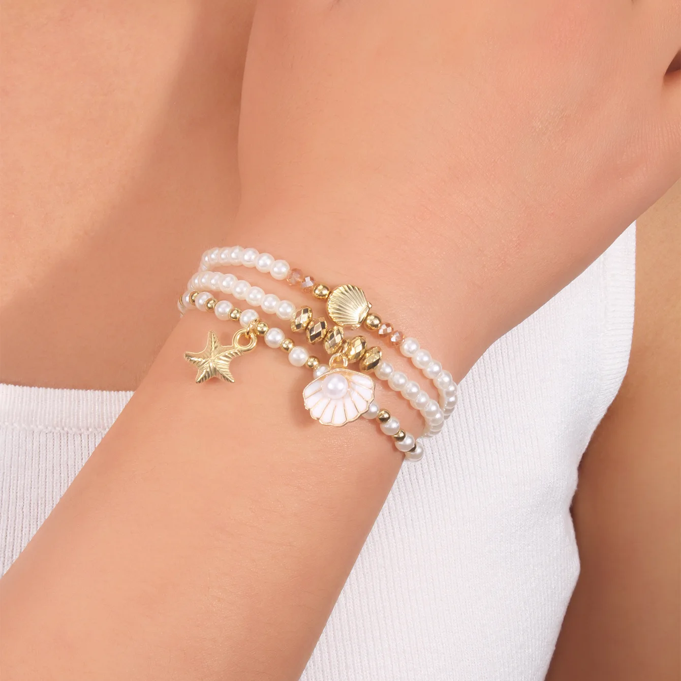 Summer Fashion Shell Styling Bracelet Sets for Women Inlay Imitation Pearl Starfish Elasticity Mi Zhu Bracelet Three-Piece SetS