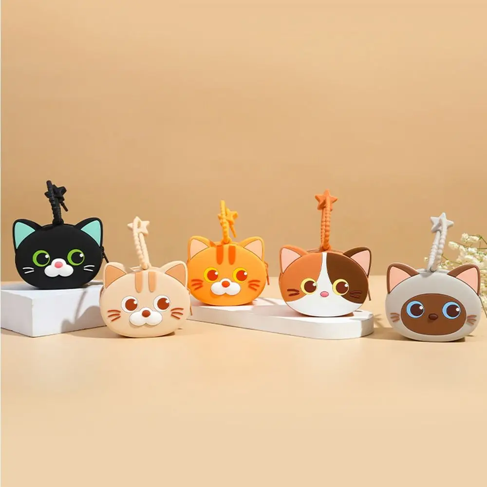 Portable Solid Color Cartoon Silicone Coin Purse Mini Earphone Storage Bag Cute Cat Wallet INS Data Cable Storage Bag Men