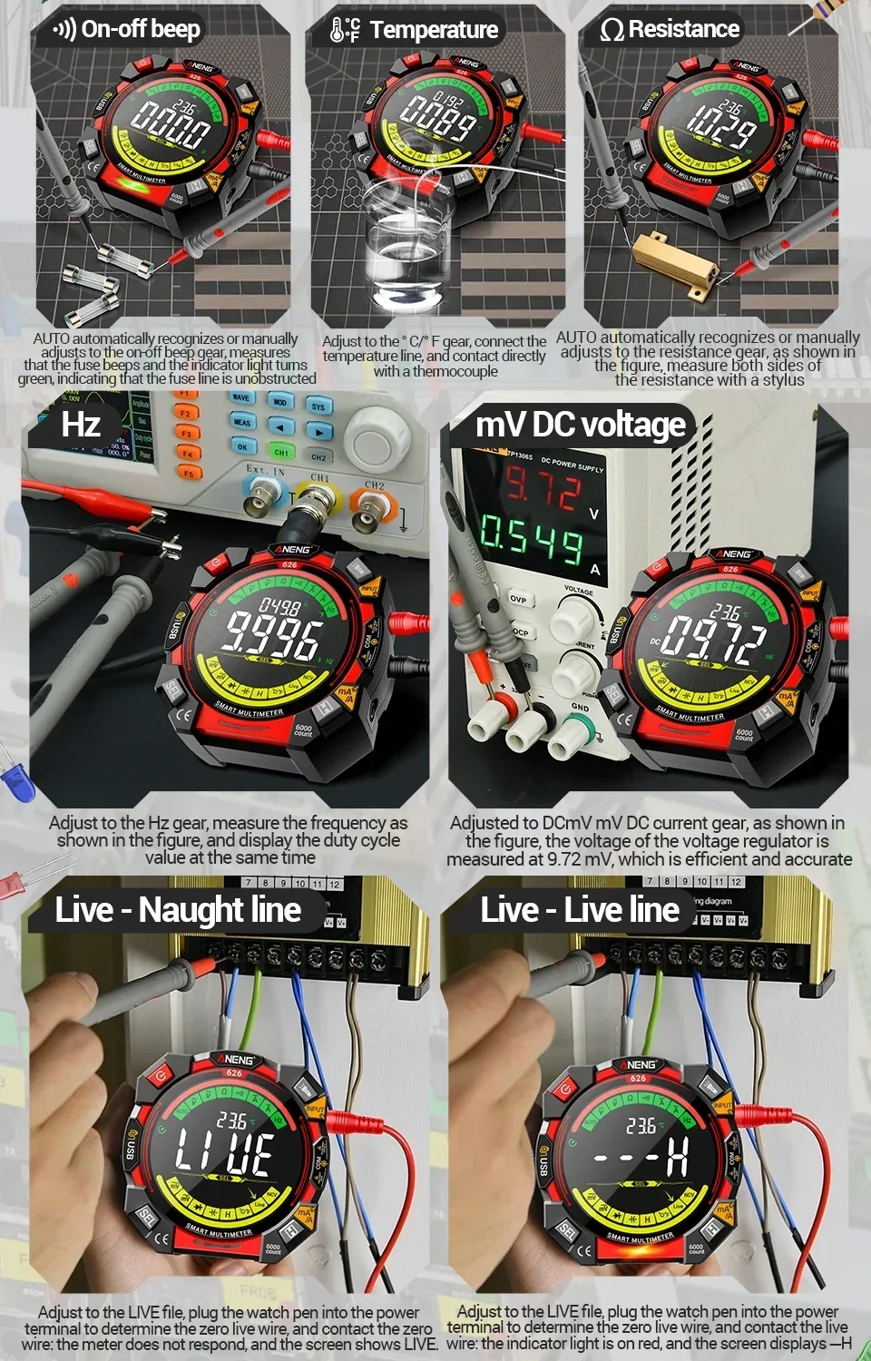 Multitester 6000 Counts 600V Spannungsprüfer ANENG 626 Multimeter Tragbares Strom-Ohmmeter Wiederaufladbares USB-Detektorwerkzeug – Detail 12