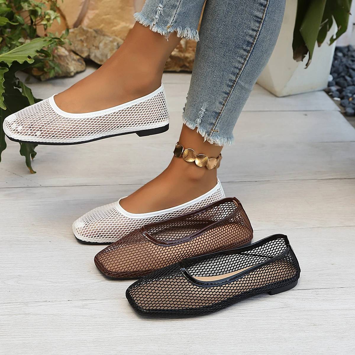 Women Square Toe Mesh Ballet Flats, Breathable Sheer Mesh Slip On Flat Shoes, Summer Hollow Out Casual  Walking Shoes