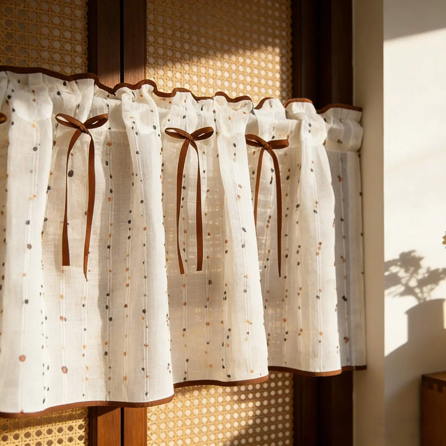 Vintage Farmhouse Dobby Sheer Valance, Brown Ribbon Bow Short Curtain Light Filtering for Kitchen Living Room Cabinet Decor