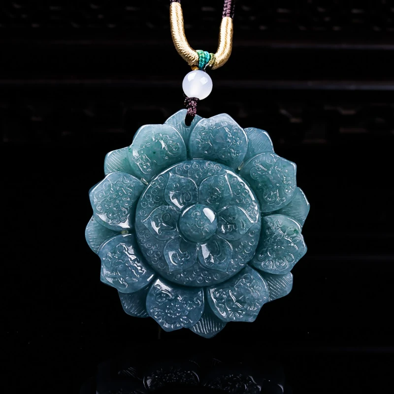 

Natural Jade A Grade Blue Water Lotus Six-character Mantra Jade Necklace Ethnic Style Double-sided Carved Pendant Amulet Gift