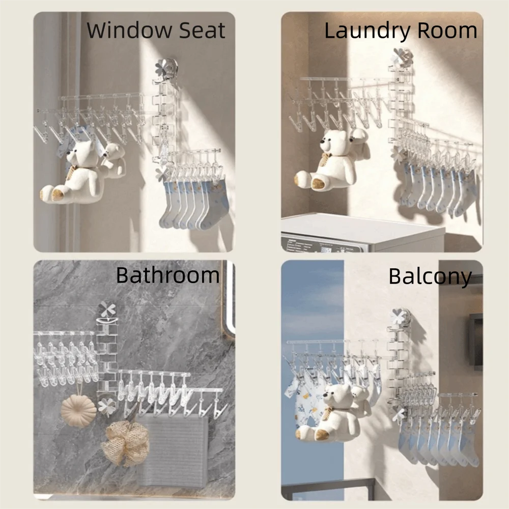 2/4 Rods Suction Cup Sock Clip Windproof Wall Mount 180° Rotating Clothes Hanger Punch-free Foldable Foldable Socks Hanger