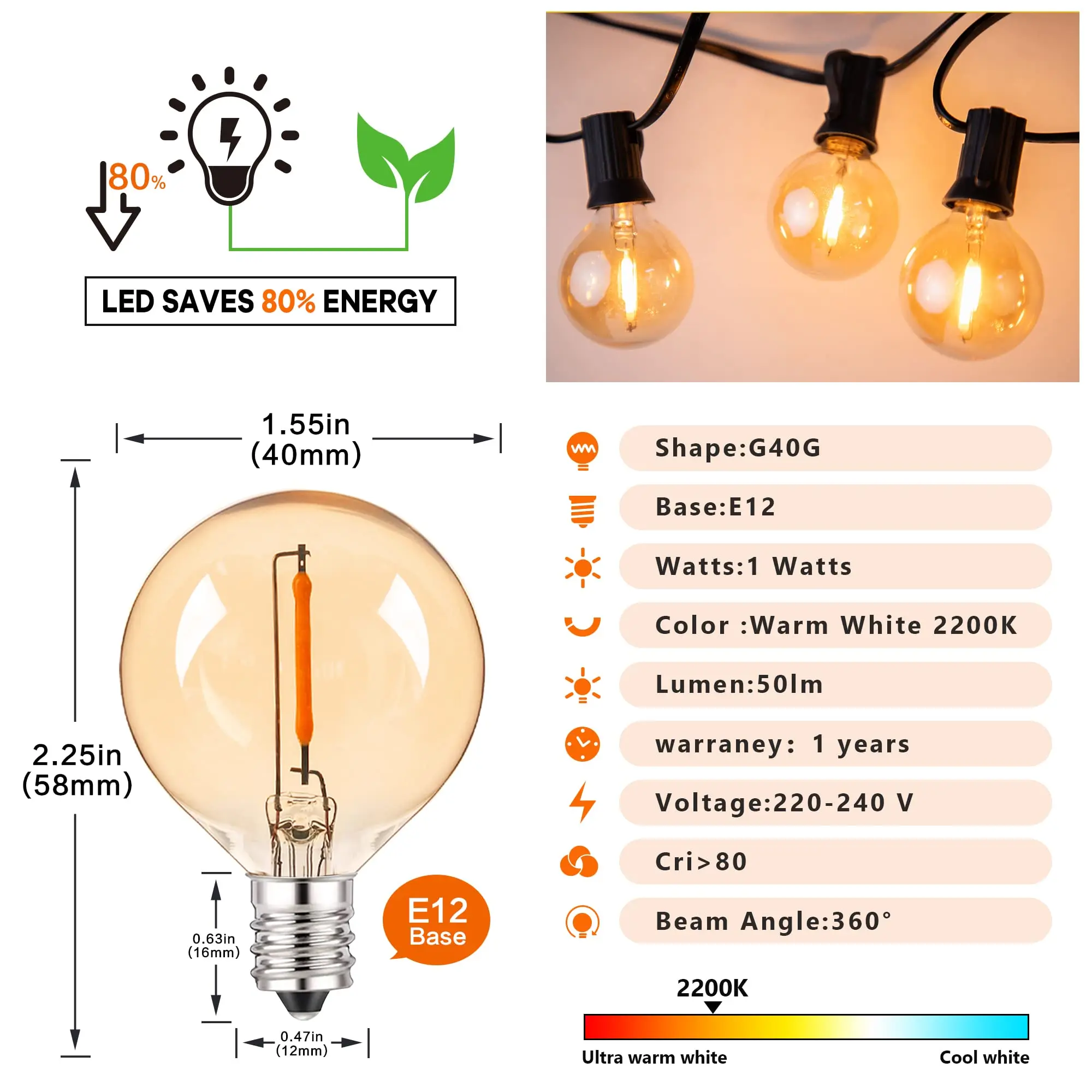 G40 Led Replacement Bulbs E12 1W Vintage Edison Globe Amber Glass 2200K Mini Ball Lamps For String Light Garland Home Decoration