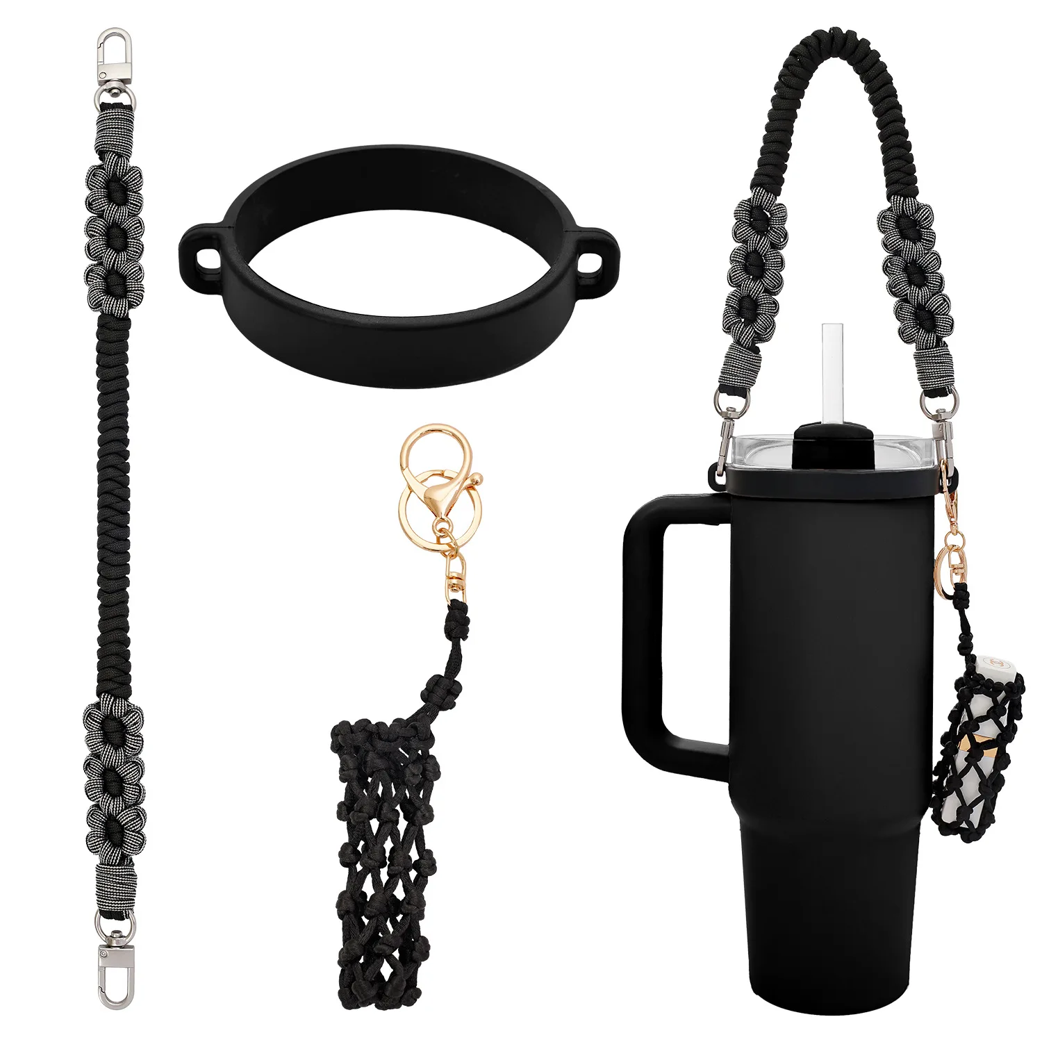 3PCS Handmade Knitting Daisy Flower Water Bottle Handle Strap Lipstick Holder Silicone Ring Set Portable Cup Lanyard For Stanley
