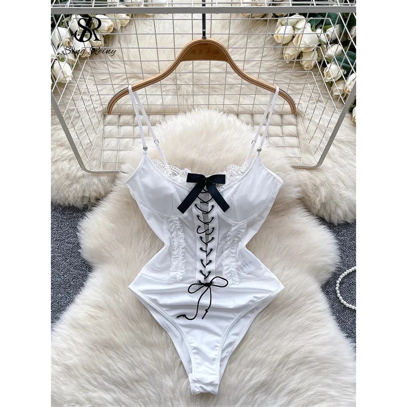 

SINGREINY Sensual Bow Lace Up Sheath Rompers Women Pactwork Short Bodysuits Fashion Ladies Skinny Open crotch Sexy Playsuits