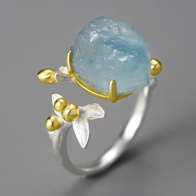 Lotus Fun Aquamarine Gemstone Flowers Whale Dachshund Dog Adjustable Rings for Women 925 Sterling Silver Wholesale Fine Jewelry