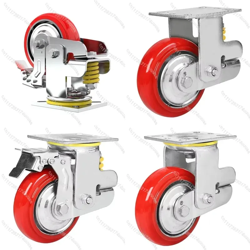 6 Inch 150mm Heavy Duty Swivel Casters with Spring Loaded Shock Absorber Iron Core PU Wheels Red Industrial Caster for