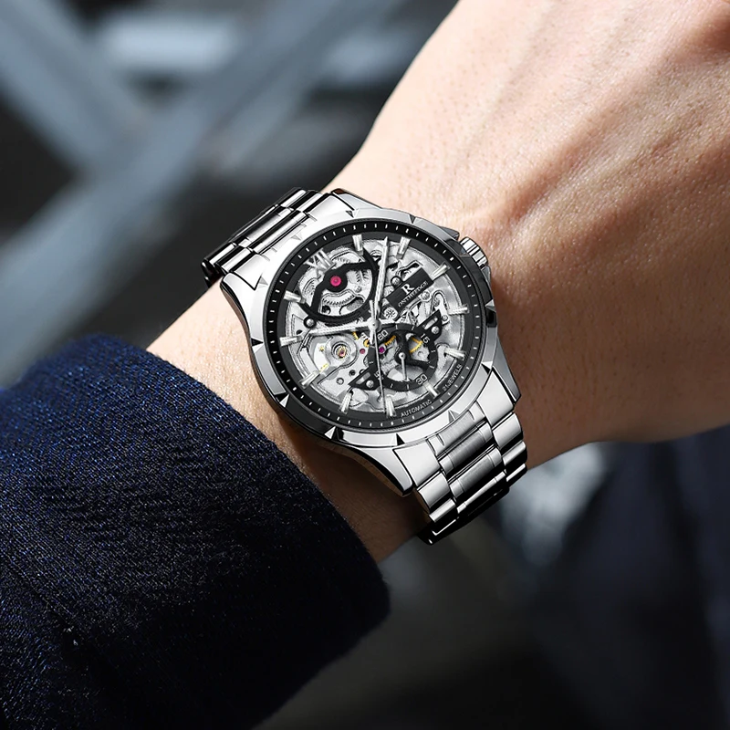 새로운 할로우 스켈레톤 남자 기계식 손목 시계 패션 비즈니스 시계 남자 캐주얼 스포츠 방수 자동 시계 남성용