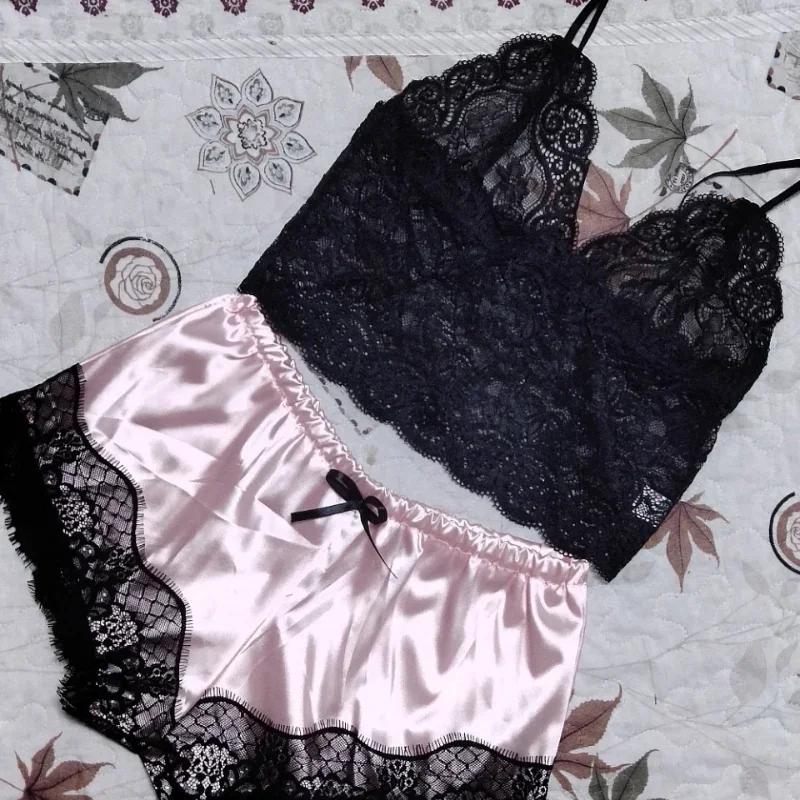 Pajama Sets Women Lace Silk Sleepwear Sexy Lingerie Crop Tops and Shorts Babydoll Nightwear Loungewear Pijamas