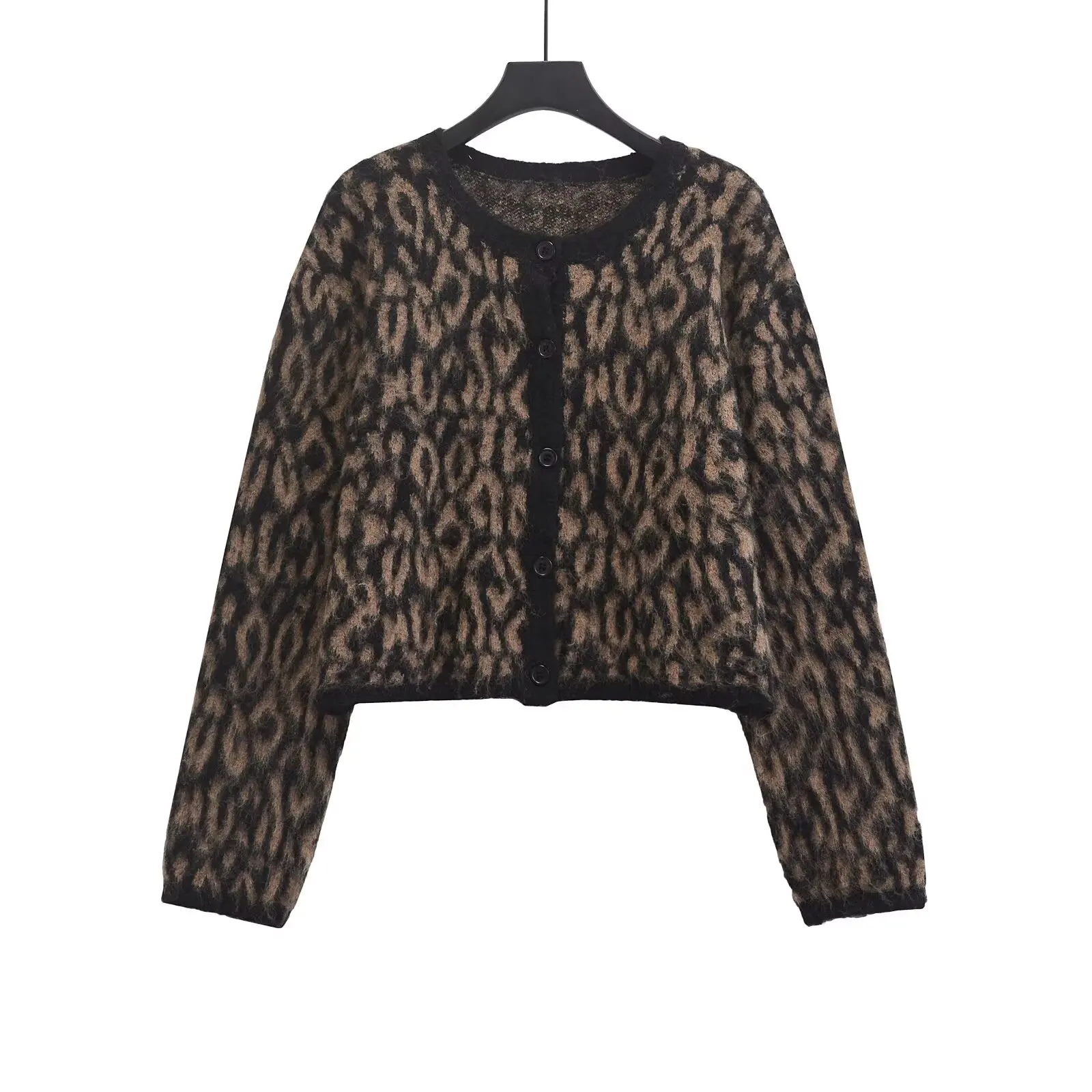 American Retro Brown Leopard Print Round Neck Knitted Cardigan Women\'s Single Breasted Short Sweater Jacket