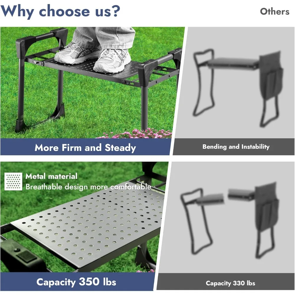Asiento plegable para arrodillarse de jardín con almohadilla suave y gruesa, taburete resistente de 350 libras, bolsa de herramientas de jardinería para hombres y mujeres