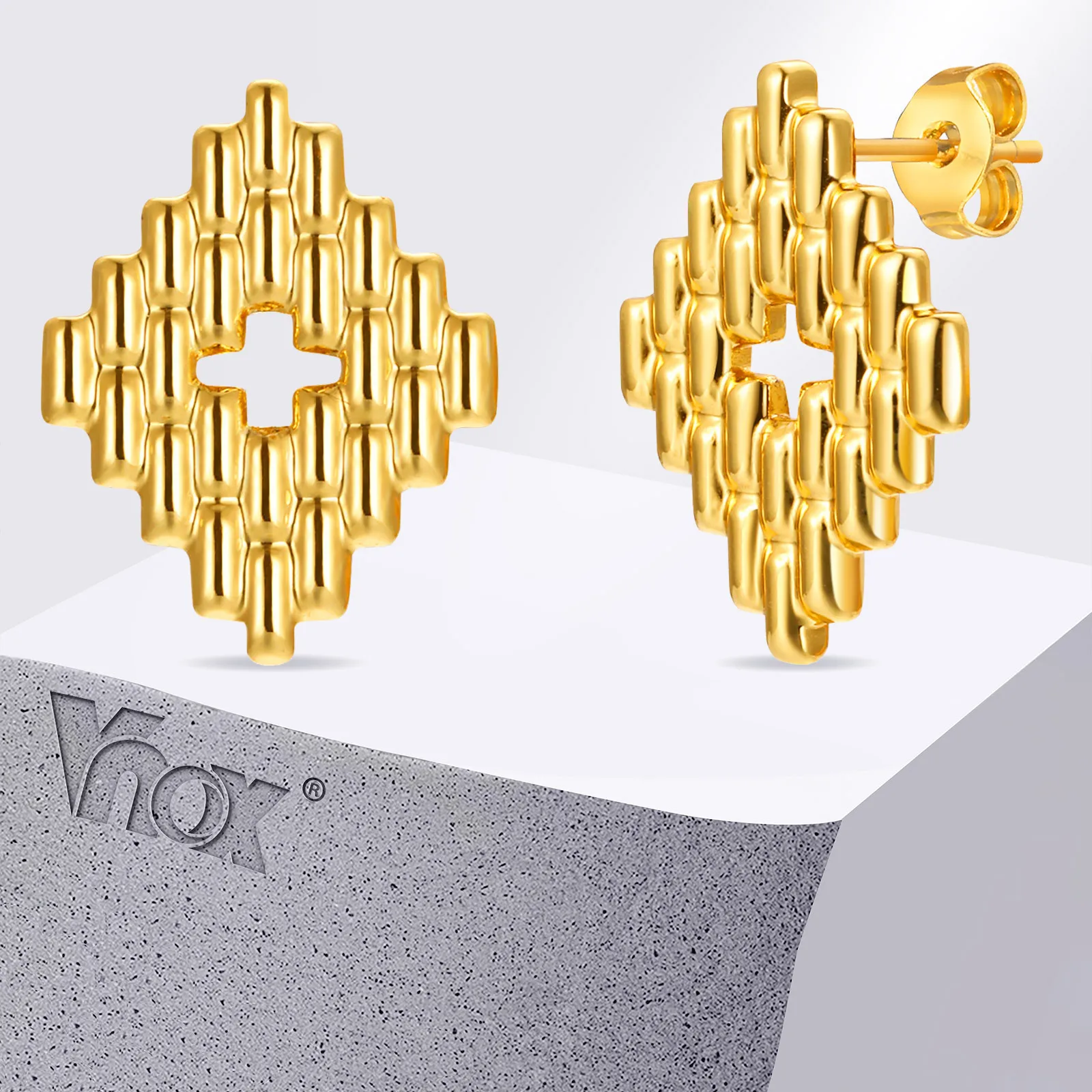 Vnox 1 Pair Women Rhombus Stud Earrings, Hollow Cross Centered Piercing Ear Jewelry,Minimalist Simple Stainless Steel Brincos