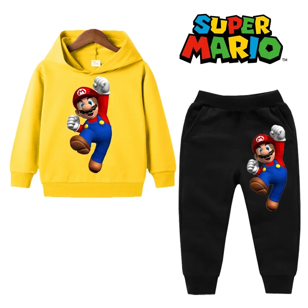 uper Mario Bros Boy Girl Hoodie Suit Spring Autumn Kids Hooded Sportswear Setspants Boys Pokemon Clothes 2-14 Years Children\'s