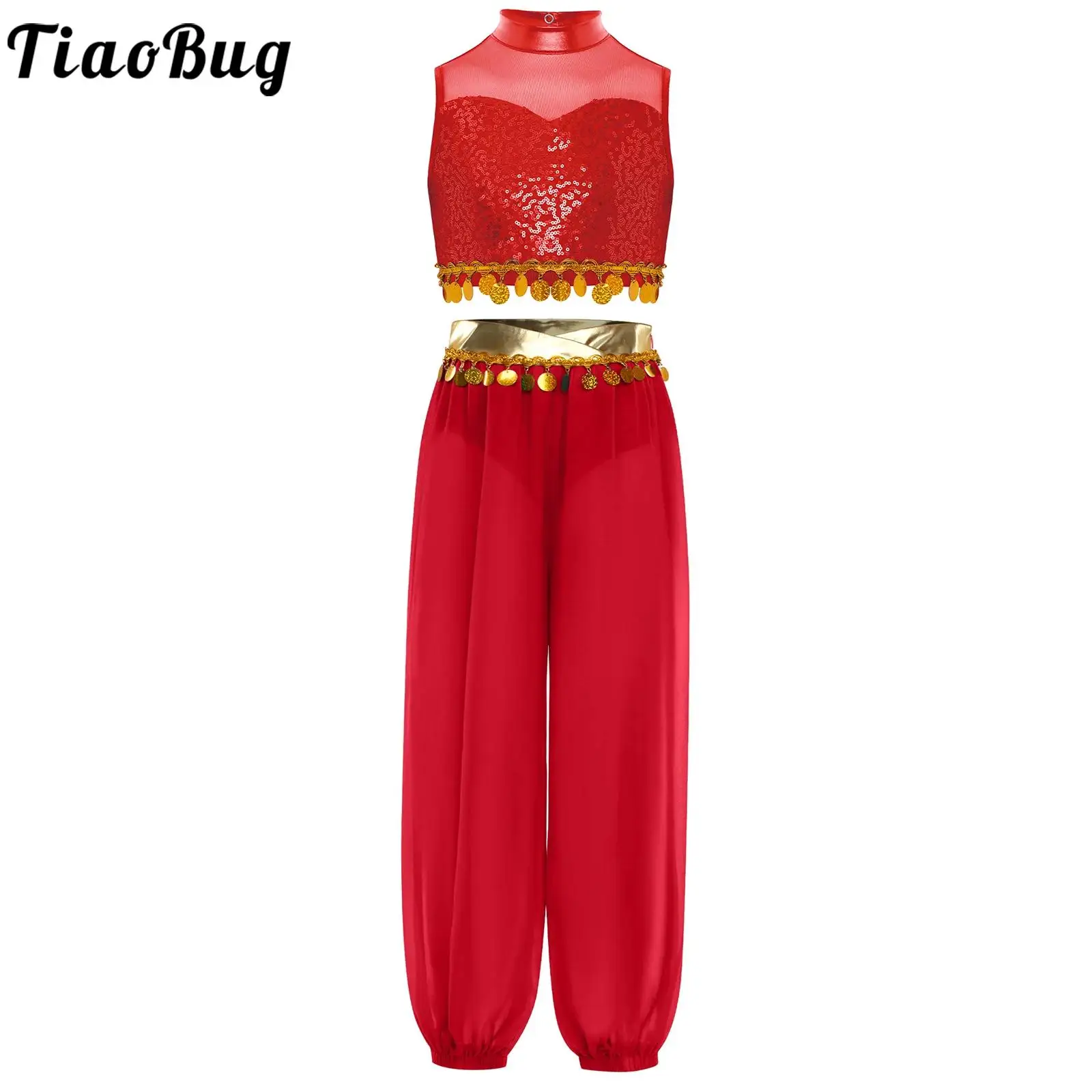 

Girls Party Belly Dance Classical Dancewear Performance Costume Princess Dresses Sleeveless Mesh Patchwork Crop Top and Pants
