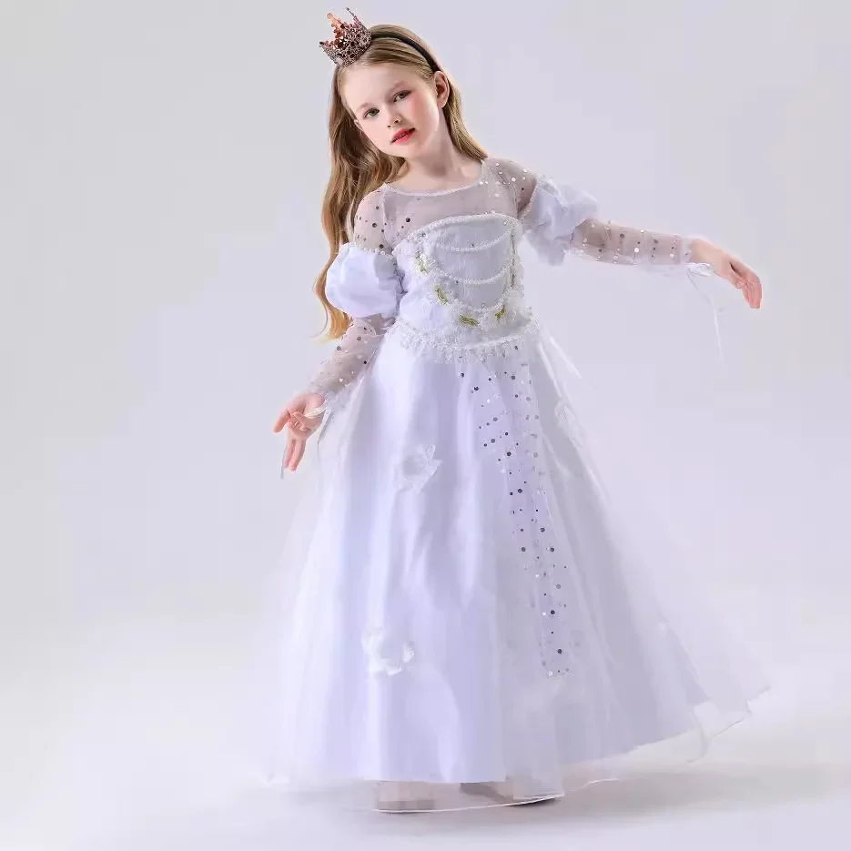 Girls Princess Costumes White Dress Snow Queen Princess Dresses Fancy Dress Up Clothes  Halloween Snow Party Cosplay