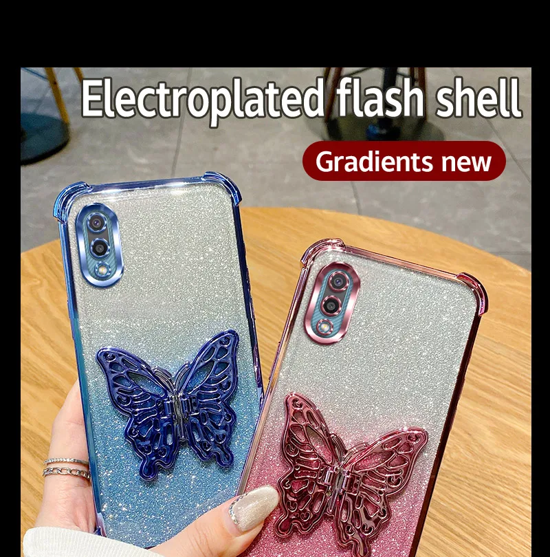 Luxury Butterfly Phone Case For Samsung Galaxy A02 M02 4G Glitter Pink Purple Corner Bumper Silicone Back Cover Samsung A02 M02