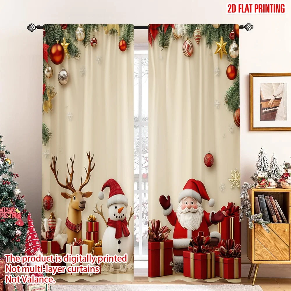 

2D flat printing 2pcs Happy Christmas fashion curtains Christmas Santa Snowman Presents Durable polyester fiber Birthday Party