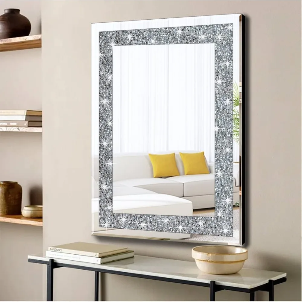 

Crystal Crush Diamond Rectangle Silver Mirror for Wall Decoration 24x32inch Wall Hang Frameless Mirror Acrylic Diamond Decor.