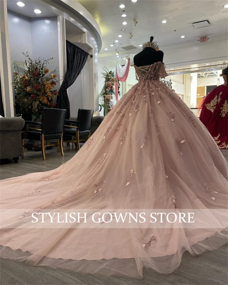 Gaun Meksiko merah muda Quinceanera gaun pesta kekasih manik-manik 3D bunga gaun pesta ulang tahun Prom manis 16 Robe De Bal