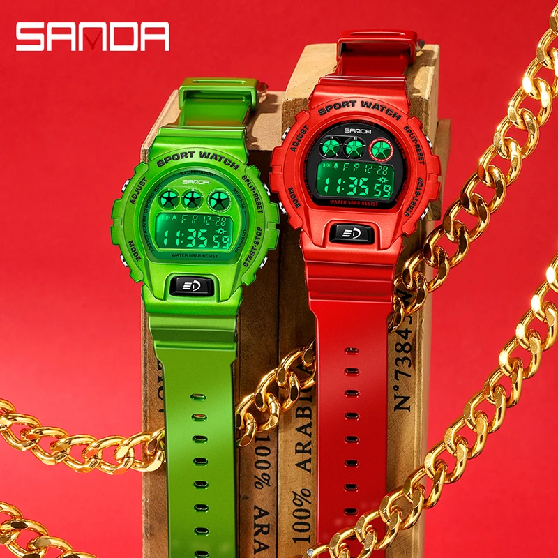 SANDA Personality Mens Electronic Watches Luminous Digital Multifunction Watch Red Strap 50M Water Resistant Relogio Masculino