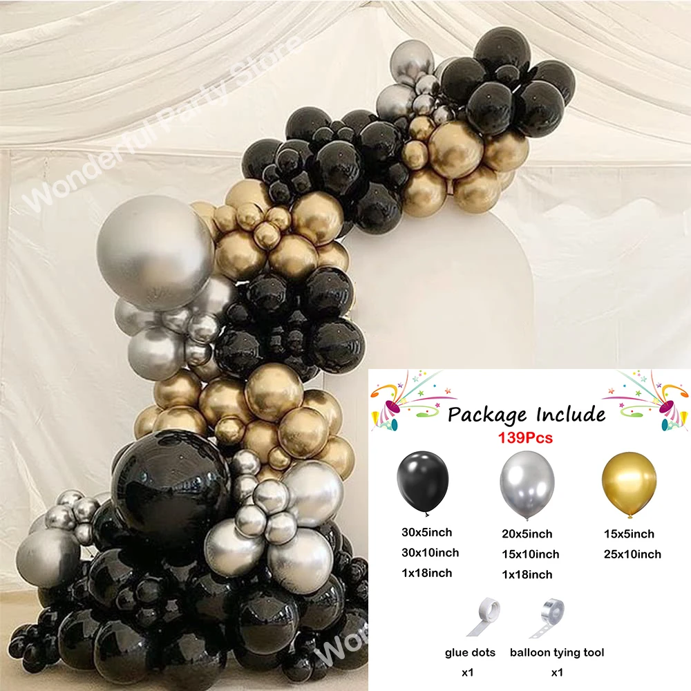 139Pcs Balloon Garland Kit Arch Black Metallic Gold Silver Latex Balloons Wedding Party Bridal Baby Shower Birthday Decorations