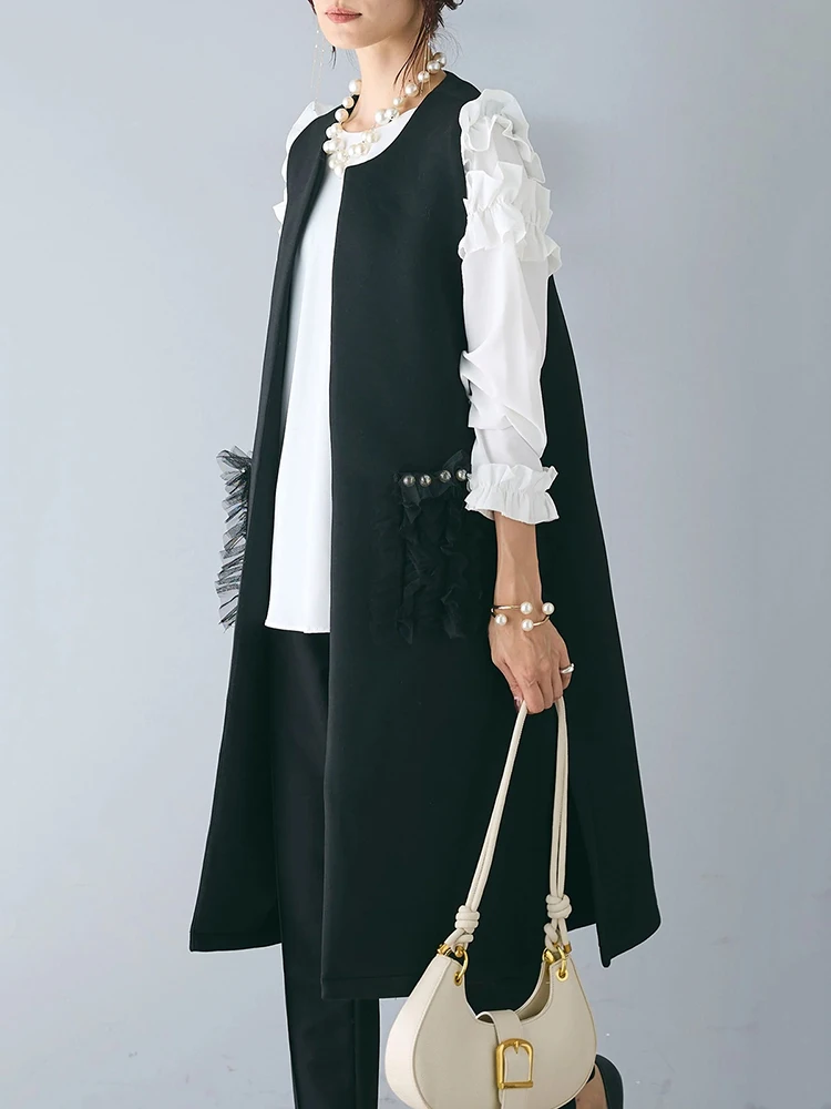 Heavy Industry Beaded Pocket Trench Coat Women 2024 New Autumn Winter Sleeveless Long Waistcot Female Casual Elegant Overcoat