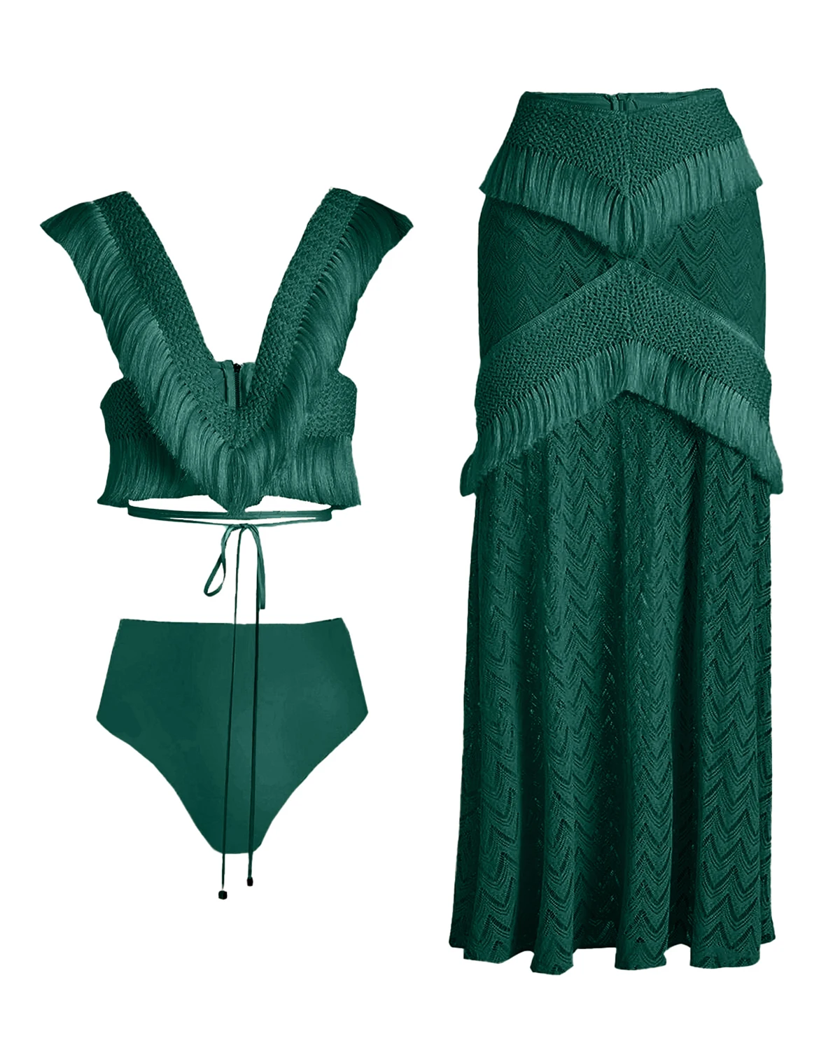 Bikini fendu à glands blancs élégants pour femmes et jupe de plage longue, col en V beige, conception à bretelles, mode de fête, 2024