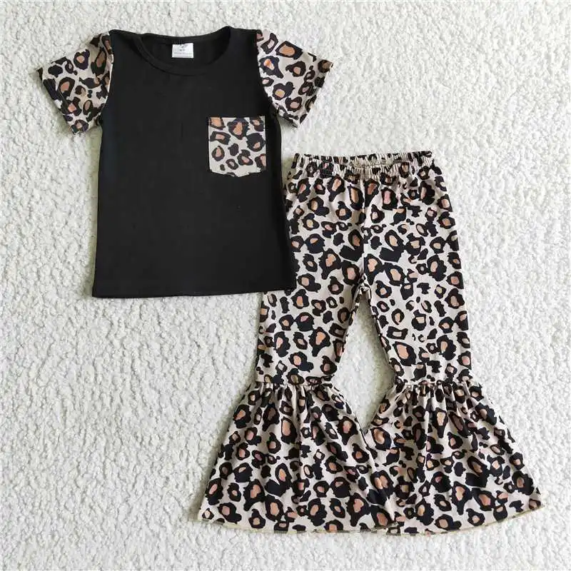 Conjunto de Top y pantalones acampanados con estampado de leopardo para niñas, ropa de Boutique, vestido de descuento, venta al por mayor