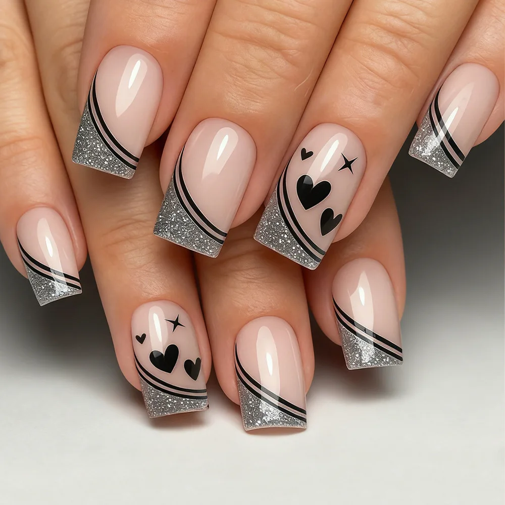 Short Square fake nails for women girls cute heart star design for Valentine's Day silver glitter french nail tips press on nail