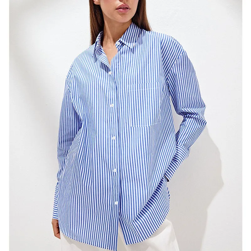 

Women Shirt Blouse Loose Striped Shirts 2024 The New Autumn Versatile Blouse Female Tops Casual Lapel Oversized Women Shirts