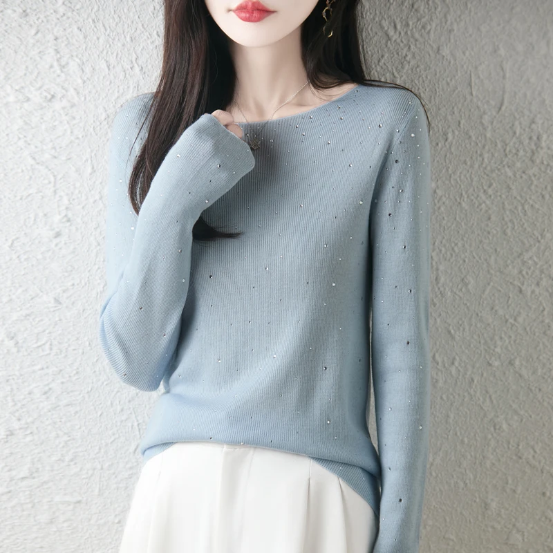Damski sweter wełniany na jesień/zimę, casualowy, jednolity, z okrągłym dekoltem, dzianinowy top, wyszczuplający, dopasowany sweter z aplikacją z diamentami.