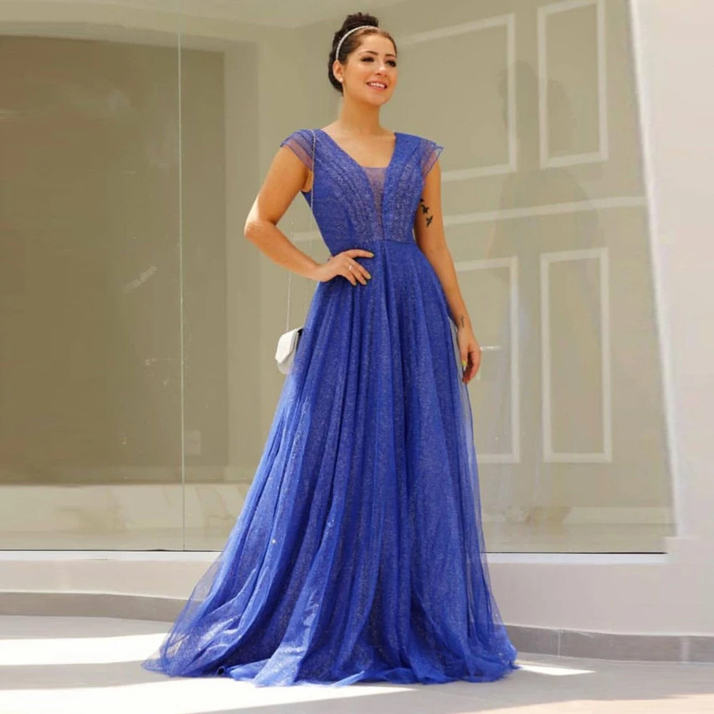 

BridalAffair Blue Glitter A Line Long Evening Dresses V Neck Cap Sleeves Floor Length Prom Dress Women Formal Occasion Dress