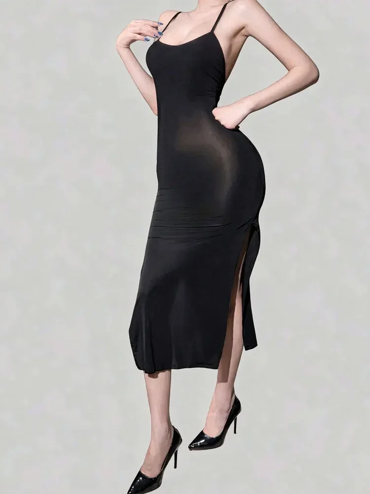 Fashion Women Smooth Elastic Strap High Slit Long Dress Bodycon Shaping Slip Dresses Woman Nightclub One Step Maid Dress
