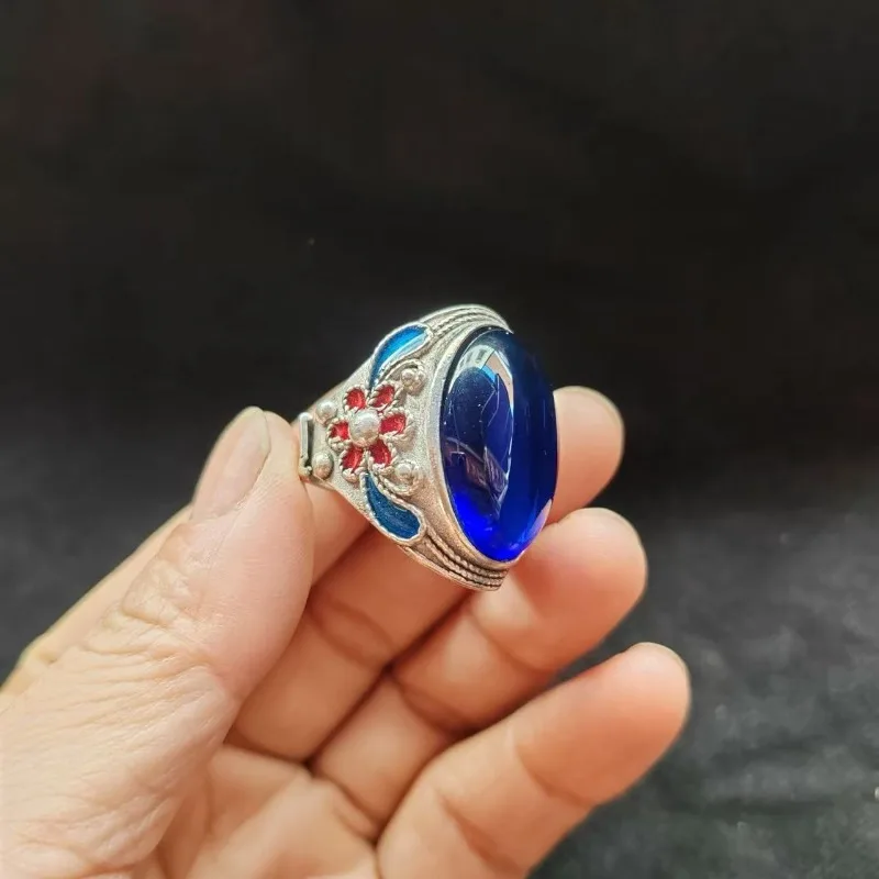 

Тибетское серебряное кольцо с открытым ртом, запеченное синее кольцо с сапфиром, инкрустированное бриллиантами, модный подарок