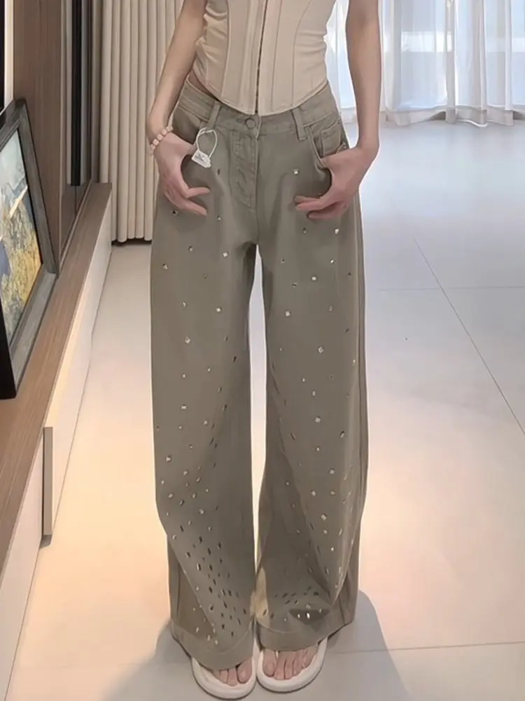 

Американские широкие джинсы с высокой талией, женские летние новые свободные повседневные брюки длиной до пола, дизайн Sense Heavy-du с блестками