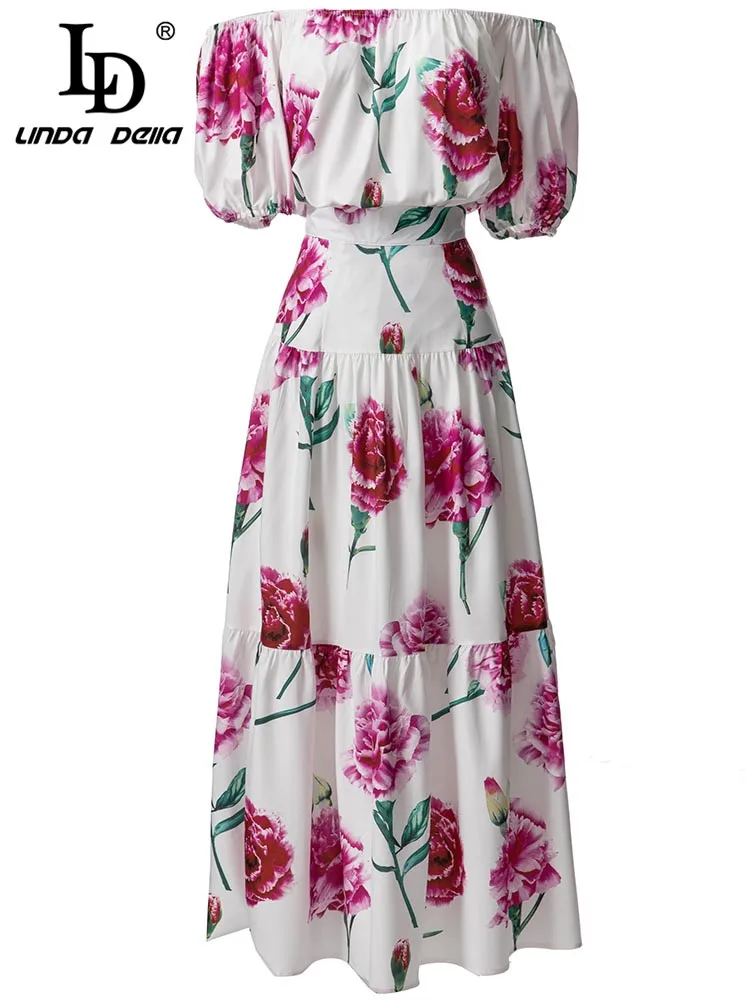 

LD LINDA DELLA New 2023 Summer Fashion Women Floral Print Long Skirt Suit Sexy Strapless Tops + High Waist Slim Big Swing Skirt