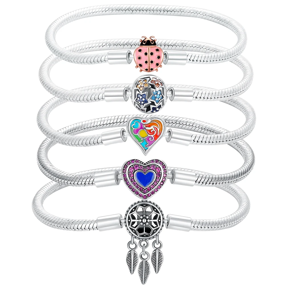 Choice New 925 Silver Plated Original Dream Catchers Color Love Hearts Star Bracelets For Women Fit DIY Charms Festivals Jewelry