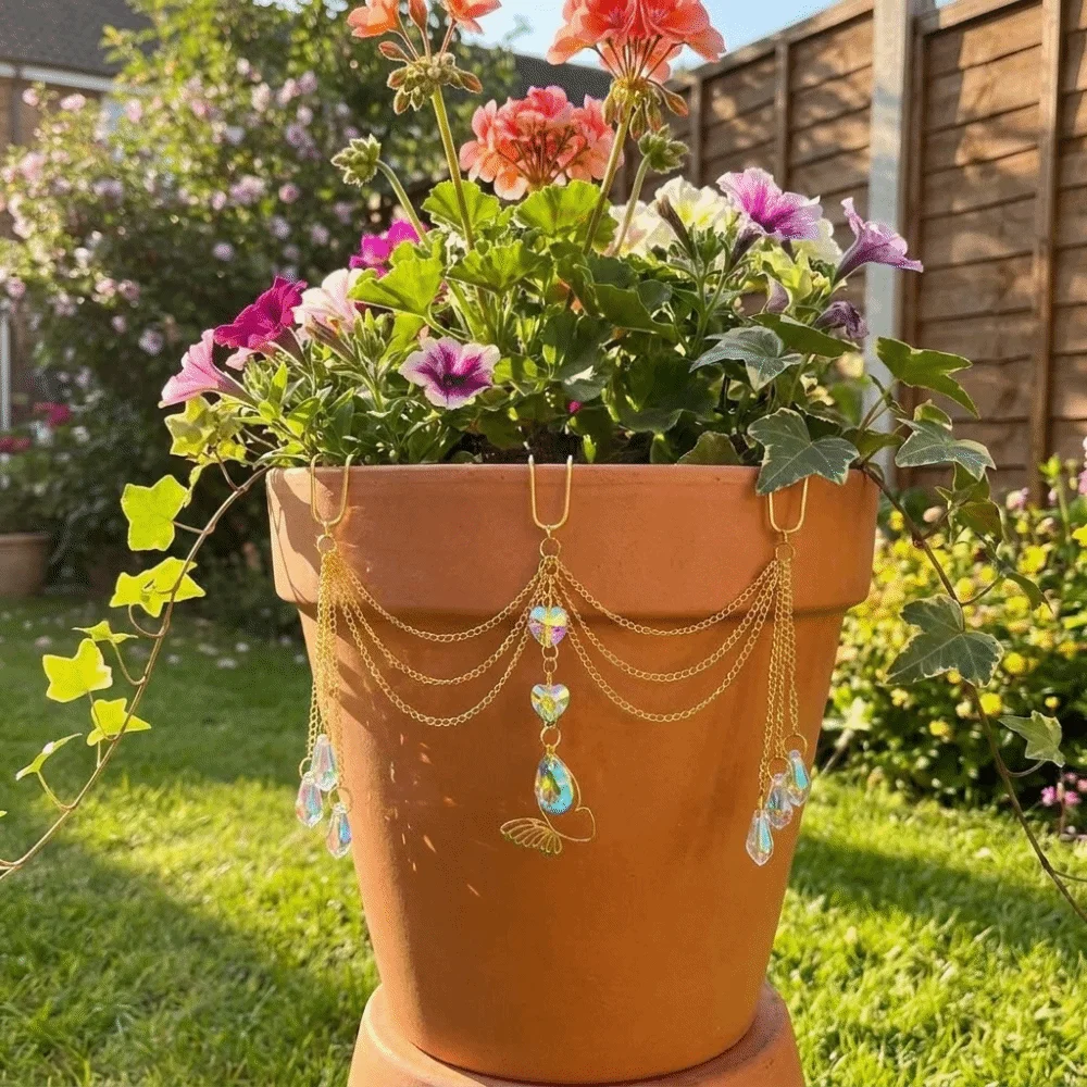 Colorful Flower Pot Crystal Sun Catcher Butterfly Design Reflective Crystal Beaded Plant Hanger Exquisite Decorative
